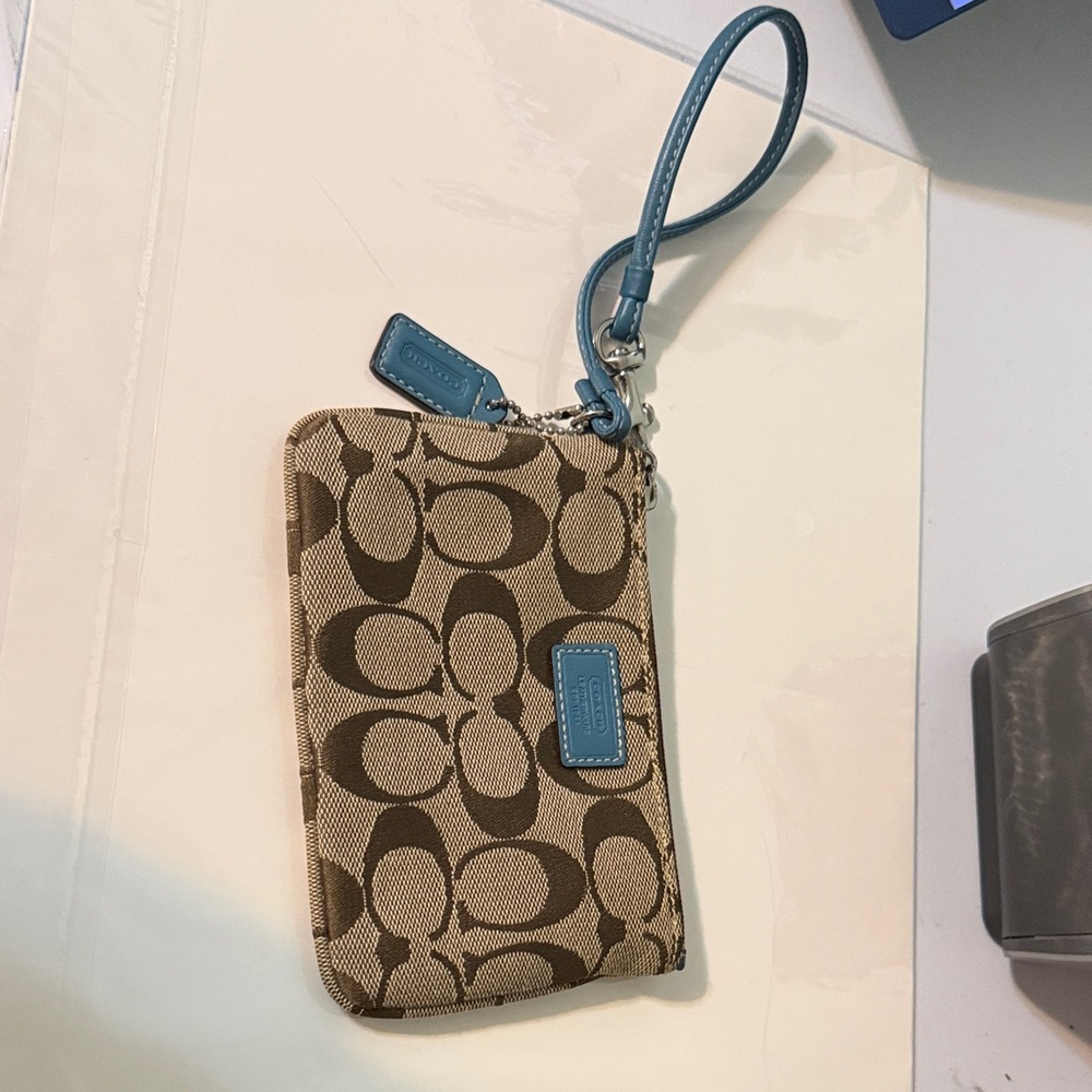 Coach Tan and Blue Signature Wristlet